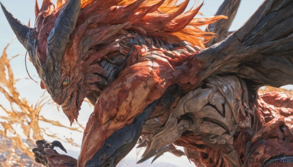 solo,long hair,looking at viewer,open mouth,blue eyes,green eyes,tail,upper body,wings,horns,teeth,from side,no humans,fire,sharp teeth,claws,dragon horns,monster,dragon,scales,breathing fire,simple background,1boy,white background,male focus,slit pupils,dragon wings