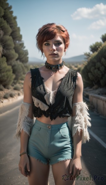 1girl,solo,breasts,looking at viewer,short hair,brown hair,shirt,navel,brown eyes,jewelry,standing,red hair,cowboy shot,outdoors,parted lips,sky,shorts,choker,day,midriff,necklace,blurry,collar,bracelet,tree,blue sky,lips,torn clothes,short shorts,blurry background,feathers,denim,black nails,freckles,blue shorts,denim shorts,realistic,nose,arms at sides,cutoffs,cleavage,green eyes,collarbone,earrings,teeth,vest,road