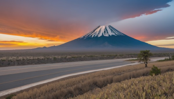 outdoors,sky,cloud,tree,blue sky,no humans,cloudy sky,grass,nature,scenery,forest,sunset,mountain,horizon,road,field,landscape,mountainous horizon,path,hill,evening,orange sky,mount fuji