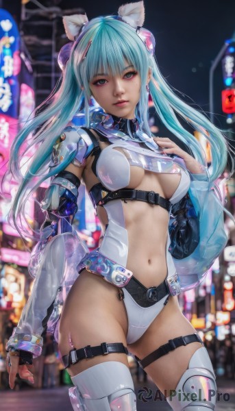 1girl,solo,long hair,breasts,looking at viewer,bangs,thighhighs,gloves,navel,animal ears,twintails,jewelry,medium breasts,green eyes,blue hair,cowboy shot,earrings,parted lips,detached sleeves,cat ears,fingerless gloves,blurry,leotard,lips,see-through,aqua hair,thigh strap,blurry background,science fiction,realistic,cyberpunk,standing,outdoors,belt,signature,makeup,night,fake animal ears