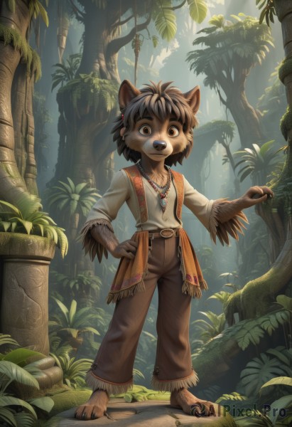 solo,looking at viewer,short hair,brown hair,shirt,black hair,long sleeves,1boy,animal ears,brown eyes,jewelry,standing,tail,full body,white shirt,male focus,outdoors,barefoot,day,belt,pants,artist name,necklace,tree,hand on hip,leaf,sunlight,grass,plant,child,nature,claws,furry,pendant,forest,furry male,male child,body fur,brown pants,animal nose,brown fur,moss,animal feet,open mouth,bangs,collarbone,teeth,signature,vest,watermark,backlighting,freckles,animal hands,light rays,wide-eyed,bush,dappled sunlight,brown vest,snout,two-tone fur,log