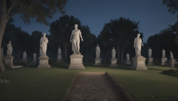 outdoors,sky,tree,no humans,night,grass,star (sky),nature,night sky,scenery,forest,starry sky,statue,tombstone,day,blue sky,bush,path