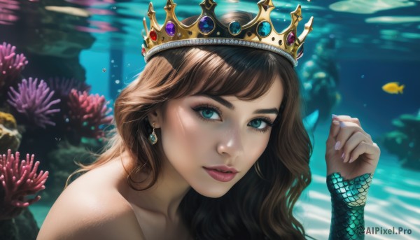 1girl,solo,long hair,looking at viewer,bangs,blue eyes,brown hair,bare shoulders,jewelry,collarbone,earrings,parted lips,hand up,water,nail polish,blurry,aqua eyes,lips,fingernails,eyelashes,makeup,watermark,crown,gem,portrait,web address,pink nails,freckles,fish,underwater,shell,coral,upper body,sunlight,long fingernails,bubble,pink lips,realistic,nose,scales,air bubble,lipgloss