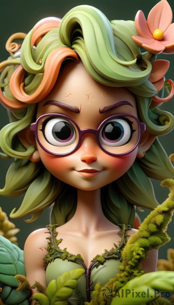 1girl,solo,long hair,breasts,looking at viewer,blush,smile,open mouth,hair ornament,dress,bare shoulders,purple eyes,collarbone,upper body,flower,multicolored hair,small breasts,green hair,glasses,sleeveless,artist name,hair flower,two-tone hair,lips,eyelashes,makeup,leaf,plant,monster girl,pink flower,freckles,vines,dirty,plant girl,cleavage,closed mouth,green eyes,wings,watermark,anger vein,web address,angry