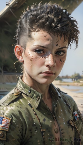 solo,looking at viewer,short hair,blue eyes,brown hair,black hair,1boy,jewelry,closed mouth,jacket,upper body,male focus,earrings,outdoors,day,blurry,uniform,black eyes,lips,military,military uniform,blurry background,messy hair,zipper,freckles,realistic,nose,unzipped,flag,dirty,american flag,dirty face,patch,1girl,sky,eyelashes,piercing,ear piercing,curly hair,serious,facepaint,mohawk,japanese flag,eyebrow piercing