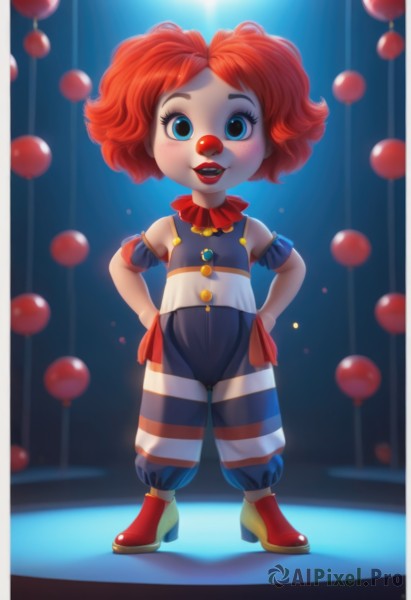 1girl,solo,looking at viewer,smile,short hair,open mouth,blue eyes,standing,full body,red hair,boots,detached sleeves,teeth,striped,pants,flat chest,leotard,makeup,lipstick,curly hair,hands on hips,red lips,balloon,baggy pants,pointy footwear,clown,blush,see-through