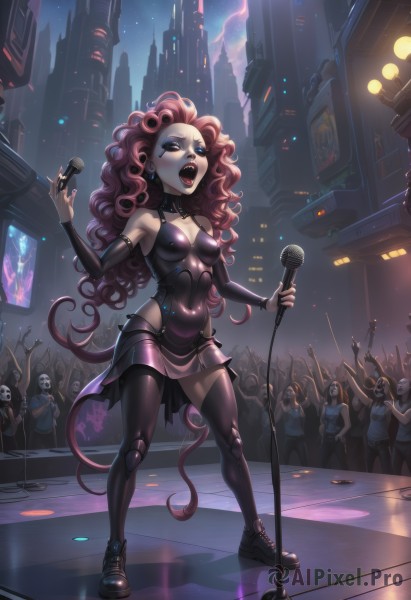 1girl,long hair,breasts,open mouth,skirt,thighhighs,dress,holding,cleavage,bare shoulders,jewelry,medium breasts,very long hair,standing,full body,closed eyes,pink hair,red hair,earrings,small breasts,boots,outdoors,detached sleeves,multiple boys,sky,teeth,solo focus,nail polish,black footwear,leotard,covered navel,makeup,night,lipstick,building,night sky,microphone,eyeshadow,6+boys,curly hair,city,music,holding microphone,singing,microphone stand,crowd,soldier,black lips,people,6+others,concert,blue eyes,tail,pantyhose,shoes,choker,artist name,dated,bodysuit,fangs,ring,star (sky),demon tail,faceless,faceless male,joints,faceless female,stage,spotlight,audience