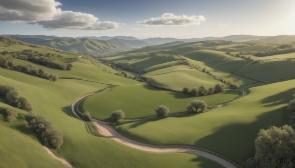 outdoors,sky,day,cloud,tree,blue sky,no humans,cloudy sky,grass,nature,scenery,forest,mountain,road,field,river,landscape,mountainous horizon,hill,sunlight,bush,path