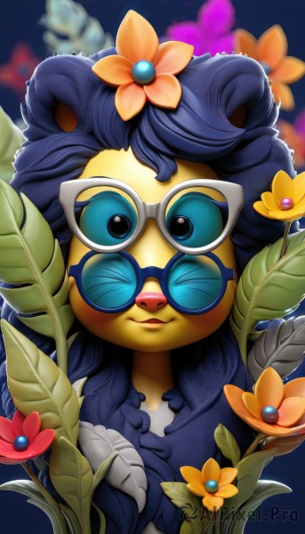 1girl,solo,long hair,looking at viewer,smile,blue eyes,hair ornament,blue hair,upper body,flower,glasses,hair flower,blurry,pokemon (creature),no humans,leaf,blue background,sunglasses,plant,portrait,furry,yellow flower,round eyewear,tinted eyewear,blue-framed eyewear,animal ears,one eye closed,artist name,colored skin,watermark,web address,blue skin