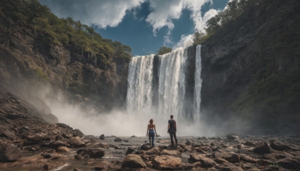 1girl, short hair, brown hair, black hair, 1boy, standing, outdoors, sky, pants, cloud, water, tree, nature, scenery, waterfall, cliff