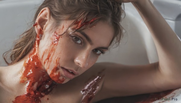 1girl,solo,long hair,looking at viewer,brown hair,brown eyes,jewelry,nude,earrings,parted lips,indoors,water,arm up,lips,blood,portrait,blood on face,realistic,bathing,bath,hand on own head,bathtub,collarbone,close-up,nose,blood on clothes,blood splatter