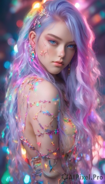 1girl,solo,long hair,breasts,looking at viewer,blue eyes,hair ornament,bare shoulders,jewelry,medium breasts,blue hair,upper body,pink hair,nude,earrings,blurry,from side,lips,sideboob,depth of field,blurry background,wavy hair,gem,freckles,realistic,nose,closed mouth,purple hair,multicolored hair,necklace,eyelashes,gradient hair,armlet,christmas lights