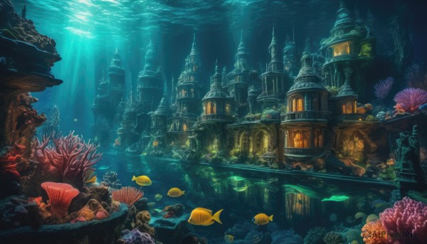 signature,water,no humans,window,ocean,animal,sunlight,building,scenery,fish,bubble,light rays,stairs,city,underwater,fantasy,air bubble,watercraft,architecture,sunbeam,ruins,shell,castle,boat,arch,turtle,coral,outdoors