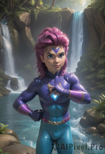 1girl,solo,breasts,looking at viewer,smile,short hair,blue eyes,gloves,medium breasts,closed mouth,standing,pink hair,cowboy shot,outdoors,day,shiny,belt,artist name,fingerless gloves,medium hair,water,tree,lips,bodysuit,watermark,gem,nature,skin tight,web address,forest,rock,waterfall,blue bodysuit,purple hair,alternate costume,leaf,facial mark,clenched hand,forehead jewel