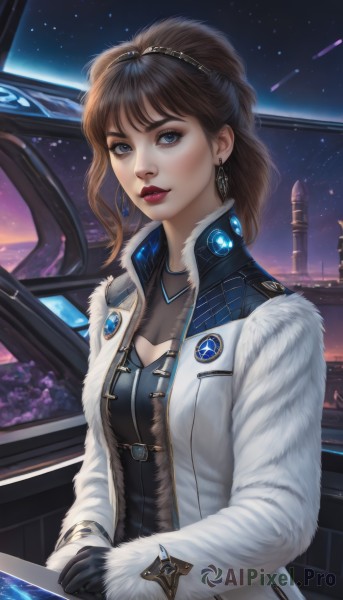 1girl,solo,long hair,breasts,looking at viewer,bangs,blue eyes,brown hair,gloves,long sleeves,cleavage,jewelry,medium breasts,upper body,hairband,earrings,open clothes,sky,black gloves,medium hair,lips,coat,fur trim,makeup,night,lipstick,ground vehicle,star (sky),night sky,starry sky,science fiction,open coat,realistic,nose,white coat,red lips,car,space,shooting star,short hair,jacket,parted lips,artist name,signature,necklace,clothing cutout,cleavage cutout,gem,eyeshadow,spacecraft,cockpit,holographic interface