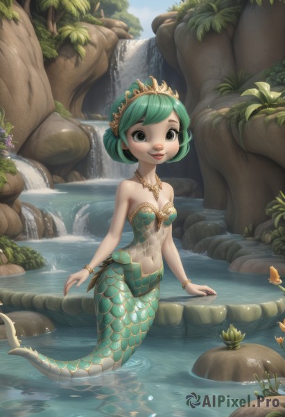 1girl,solo,breasts,looking at viewer,smile,short hair,navel,cleavage,bare shoulders,jewelry,full body,flower,small breasts,outdoors,parted lips,green hair,sky,teeth,day,water,necklace,nail polish,black eyes,bracelet,lips,fingernails,strapless,tiara,monster girl,nature,wading,partially submerged,rock,scales,mermaid,waterfall,blue eyes,tree,crown,child,fish,shell,river