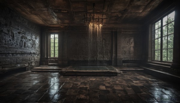 day,indoors,water,tree,no humans,window,sunlight,scenery,reflection,light rays,stairs,tiles,light,sunbeam,tile floor,ruins,pillar,ceiling,hallway,ceiling light,reflective floor,chandelier,chair,fire,wooden floor,fantasy,candle,wall,candlestand,stone wall