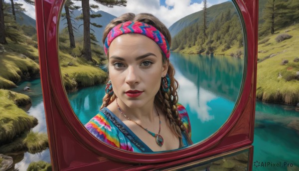 1girl,solo,long hair,looking at viewer,smile,brown hair,brown eyes,jewelry,closed mouth,upper body,braid,hairband,earrings,outdoors,sky,day,cloud,signature,water,necklace,twin braids,tree,blue sky,lips,makeup,headband,grass,lipstick,nature,reflection,mirror,mountain,realistic,red lips,lake,traditional clothes,multiple braids,parted lips,bird,portrait,forehead,pendant,river