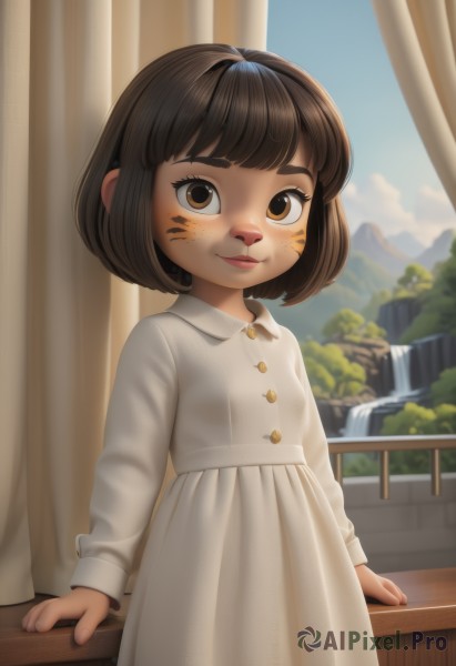 1girl,solo,looking at viewer,smile,short hair,bangs,brown hair,long sleeves,dress,brown eyes,closed mouth,standing,outdoors,sky,day,artist name,indoors,medium hair,water,white dress,blurry,tree,blue sky,lips,window,buttons,blurry background,facial mark,bob cut,curtains,child,freckles,mountain,railing,collared dress,female child,whisker markings,waterfall,blush,bandaid on face,bandaid on nose