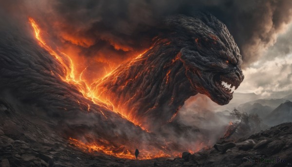 godzilla, open mouth, outdoors, sky, teeth, cloud, no humans, glowing, cloudy sky, fire, sharp teeth, smoke, monster, lightning, destruction, kaijuu