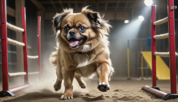 HQ,solo,open mouth,blue eyes,full body,tongue,indoors,tongue out,blurry,no humans,animal,running,dog,realistic,animal focus,looking at viewer,brown eyes,standing,teeth,collar,depth of field,blurry background,shadow,fangs,claws,walking,light,animal collar,spotlight,pet