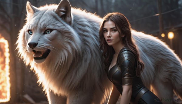 1girl,solo,long hair,breasts,looking at viewer,blue eyes,brown hair,cleavage,medium breasts,closed mouth,short sleeves,outdoors,teeth,armor,blurry,from side,tree,lips,depth of field,blurry background,animal,fangs,wavy hair,shoulder armor,realistic,nose,wolf,tiger,brown eyes,jewelry,upper body,earrings,parted lips,backlighting,pauldrons,oversized animal