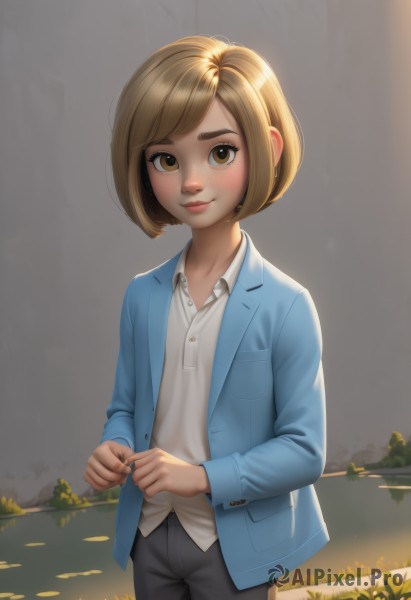 1girl,solo,looking at viewer,blush,smile,short hair,bangs,blonde hair,brown hair,shirt,long sleeves,brown eyes,closed mouth,standing,jacket,white shirt,cowboy shot,outdoors,open clothes,collared shirt,pants,artist name,open jacket,lips,dress shirt,buttons,swept bangs,black pants,bob cut,thick eyebrows,grass,blue jacket,freckles,nose