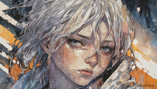 1girl,solo,looking at viewer,short hair,bangs,blue eyes,blonde hair,shirt,hair between eyes,closed mouth,white hair,grey hair,medium hair,lips,grey eyes,eyelashes,traditional media,portrait,nose,painting (medium),artist name,messy hair,realistic,watercolor (medium)