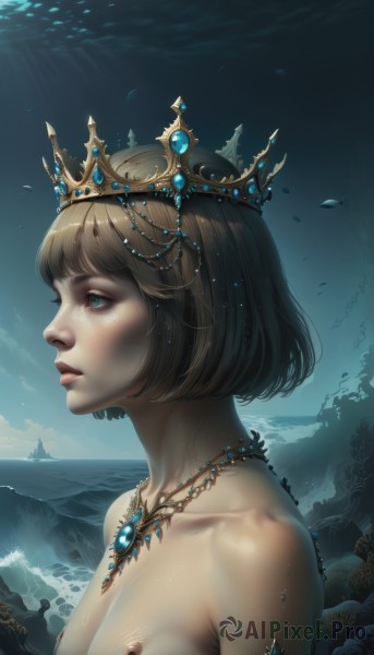 1girl,solo,breasts,short hair,bangs,blue eyes,brown hair,jewelry,medium breasts,nipples,collarbone,upper body,nude,small breasts,outdoors,parted lips,sky,artist name,blunt bangs,water,necklace,from side,lips,eyelashes,profile,animal,topless,sunlight,bob cut,tiara,crown,gem,freckles,fish,mountain,nose,giant,giantess,blonde hair,large breasts,closed mouth,signature,makeup,ocean,realistic,waves