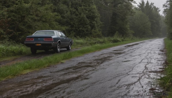 outdoors,day,tree,no humans,grass,ground vehicle,nature,scenery,motor vehicle,forest,car,road,bush,vehicle focus,sky,sports car