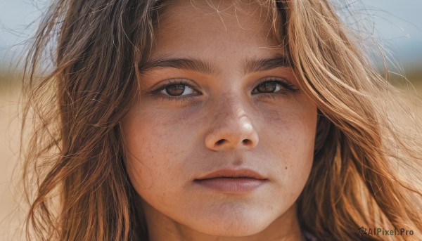 1girl,solo,long hair,looking at viewer,blonde hair,brown hair,brown eyes,closed mouth,outdoors,parted lips,day,mole,blurry,lips,depth of field,blurry background,messy hair,portrait,mole under mouth,close-up,freckles,realistic,nose,mole on cheek,bangs,eyelashes,expressionless