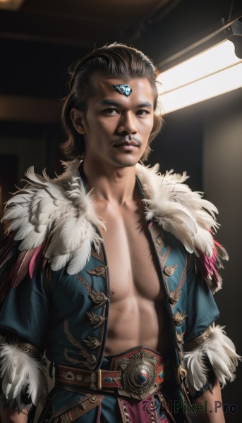 solo,looking at viewer,short hair,brown hair,black hair,1boy,brown eyes,standing,jacket,upper body,male focus,parted lips,open clothes,belt,indoors,black eyes,open jacket,lips,fur trim,muscular,abs,feathers,pectorals,gem,third eye,realistic,nose,arms at sides,forehead jewel,dark skin,facial hair,dark-skinned male,chest hair