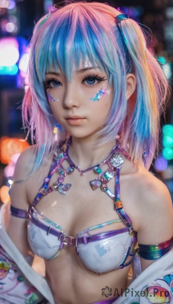 1girl,solo,long hair,breasts,looking at viewer,bangs,blue eyes,navel,cleavage,bare shoulders,twintails,jewelry,medium breasts,closed mouth,underwear,blue hair,collarbone,swimsuit,upper body,pink hair,bikini,multicolored hair,small breasts,shiny,artist name,necklace,off shoulder,star (symbol),bra,blurry,two-tone hair,two side up,lips,streaked hair,eyelashes,gradient hair,makeup,depth of field,blurry background,facial mark,web address,o-ring,eyeshadow,realistic,nose,mascara,hair between eyes,sidelocks,open clothes,mole,wet,shiny skin,watermark,white bikini,bikini top only,armlet,mole on breast,water drop,pink lips,strap,bokeh