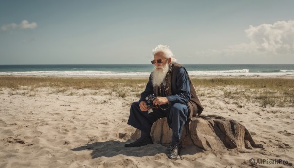 solo,shirt,long sleeves,1boy,holding,sitting,closed mouth,jacket,full body,white hair,male focus,outdoors,sky,shoes,day,pants,cloud,vest,facial hair,ocean,beach,black pants,sunglasses,sneakers,beard,rock,mustache,sand,camera,horizon,old,old man,holding camera,jewelry,water,necklace,black footwear,blue sky,ring,cloudy sky,beads,robe,realistic,shore,prayer beads,log,sitting on rock