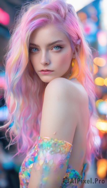 1girl,solo,long hair,breasts,looking at viewer,blue eyes,blonde hair,bare shoulders,jewelry,closed mouth,upper body,pink hair,multicolored hair,earrings,mole,blurry,from side,two-tone hair,lips,mole under eye,makeup,blurry background,wavy hair,eyeshadow,realistic,nose,parted lips,orange hair,eyelashes,gradient hair,depth of field,mascara