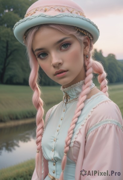 1girl,solo,long hair,looking at viewer,shirt,hat,dress,jewelry,green eyes,upper body,pink hair,braid,multicolored hair,earrings,outdoors,parted lips,day,necklace,blurry,twin braids,tree,lips,grey eyes,eyelashes,makeup,buttons,depth of field,blurry background,grass,freckles,realistic,pink jacket,lake,multiple braids,breasts,bangs,blue eyes,frills,sky,teeth,nose