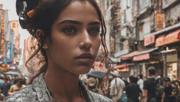 1girl,long hair,looking at viewer,brown hair,black hair,hair ornament,brown eyes,jewelry,earrings,outdoors,multiple boys,solo focus,dark skin,necklace,hair bun,blurry,black eyes,dark-skinned female,lips,depth of field,blurry background,building,portrait,city,realistic,nose,crowd,people,hat,braid,day,beret