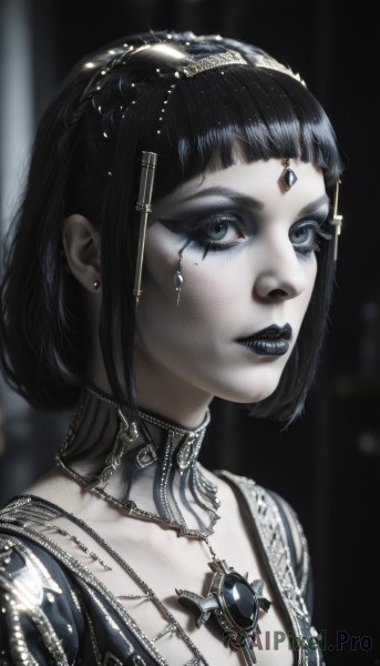 1girl,solo,breasts,looking at viewer,short hair,bangs,blue eyes,black hair,hair ornament,cleavage,jewelry,closed mouth,upper body,earrings,small breasts,choker,shiny,artist name,blunt bangs,necklace,mole,blurry,black eyes,lips,grey eyes,eyelashes,mole under eye,makeup,blurry background,colored skin,facial mark,piercing,lipstick,gem,pale skin,portrait,eyeshadow,circlet,nose,red lips,eyeliner,blue gemstone,mascara,blue lips,black lips,braid,parted lips,heterochromia,cross,gold trim,realistic