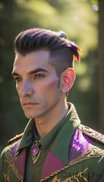 solo,short hair,shirt,black hair,1boy,brown eyes,jewelry,closed mouth,jacket,upper body,male focus,multicolored hair,earrings,collared shirt,blurry,black eyes,lips,grey eyes,blurry background,facial hair,brooch,portrait,green jacket,realistic,green shirt,undercut,hair ornament,green eyes,necktie,artist name,signature,black shirt,depth of field,expressionless,sunlight,thick eyebrows,feathers,gem,stud earrings,hair slicked back