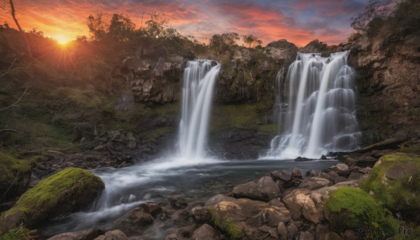 outdoors, sky, cloud, water, tree, no humans, sunlight, nature, scenery, forest, sunset, rock, mountain, sun, river, waterfall, landscape, cliff