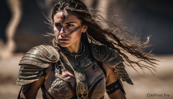 1girl,solo,long hair,breasts,brown hair,black hair,brown eyes,closed mouth,upper body,dark skin,armor,blurry,dark-skinned female,lips,looking to the side,floating hair,blurry background,wind,shoulder armor,armlet,pauldrons,breastplate,realistic,gorget,facial mark,serious,forehead mark