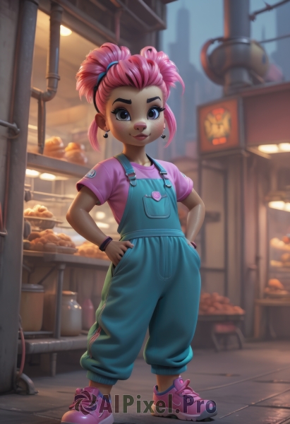 1girl,solo,looking at viewer,smile,short hair,shirt,brown eyes,jewelry,closed mouth,standing,full body,ponytail,pink hair,short sleeves,heart,earrings,outdoors,food,shoes,socks,pants,artist name,indoors,dark skin,nail polish,blurry,black eyes,flat chest,bracelet,dark-skinned female,lips,eyelashes,makeup,depth of field,blurry background,scrunchie,thick eyebrows,lipstick,t-shirt,sneakers,child,blue nails,freckles,pocket,pink shirt,hands on hips,hands in pockets,pink footwear,tiles,female child,bangle,overalls,tile floor,bread,badge,baggy pants,shop,blue overalls,storefront,aged down,short twintails,wristband,bandaid,bandaid on face