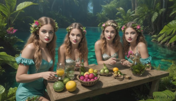 long hair,breasts,looking at viewer,smile,blue eyes,multiple girls,blonde hair,brown hair,hair ornament,dress,cleavage,bare shoulders,brown eyes,jewelry,medium breasts,sitting,collarbone,braid,flower,small breasts,outdoors,parted lips,food,sleeveless,hair flower,3girls,water,off shoulder,mole,tree,cup,lips,strapless,4girls,makeup,fruit,sleeveless dress,blue dress,siblings,leaf,wavy hair,table,ring,plant,nature,strapless dress,drinking glass,forest,green dress,realistic,apple,basket,head wreath,grapes,lily pad,wooden table,holding,day,necklace,nail polish,light brown hair,pink flower,partially submerged,bowl,orange (fruit),lake,lemon,aqua dress