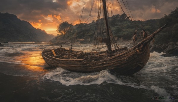 A boat amidst a calm sunset outdoors