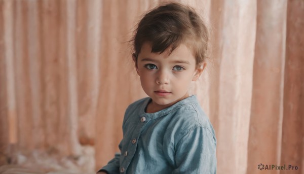 1girl,solo,looking at viewer,short hair,blue eyes,brown hair,shirt,1boy,closed mouth,upper body,male focus,indoors,blurry,lips,buttons,blue shirt,curtains,child,realistic,nose,male child,black hair,depth of field,blurry background,expressionless,messy hair