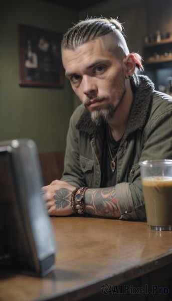 solo,looking at viewer,short hair,shirt,black hair,1boy,jewelry,sitting,jacket,upper body,male focus,multicolored hair,earrings,indoors,necklace,blurry,black eyes,bracelet,cup,grey eyes,fur trim,black shirt,tattoo,depth of field,blurry background,facial hair,scar,piercing,table,ear piercing,beard,alcohol,watch,mug,realistic,nose,fur-trimmed jacket,wristwatch,arm tattoo,undercut,beer,beer mug,bar (place),blue eyes,brown hair,lips,drinking glass,cigarette,mustache