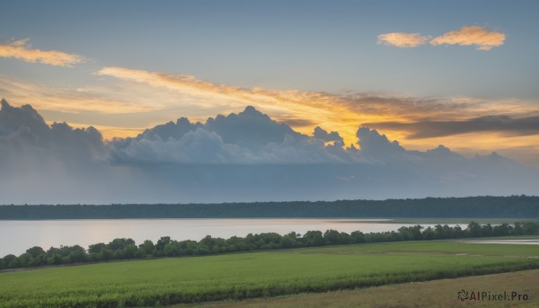 outdoors,sky,day,cloud,water,tree,blue sky,no humans,cloudy sky,grass,nature,scenery,forest,sunset,mountain,horizon,field,river,landscape,mountainous horizon,lake,gradient sky,hill,bird,ocean