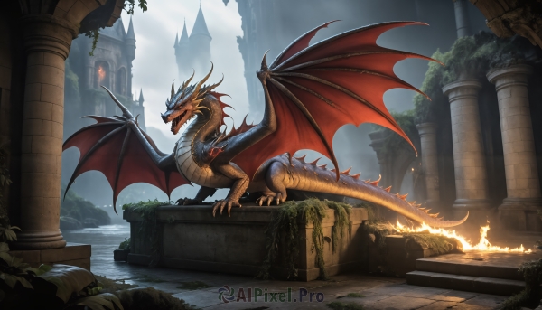 HQ,solo,open mouth,tail,outdoors,wings,horns,sky,cloud,water,no humans,fire,sharp teeth,scenery,claws,stairs,fantasy,dragon,scales,ruins,pillar,castle,dragon wings,arch,column,breathing fire,blue eyes,weapon,teeth,day,sword,glowing,holding sword,statue