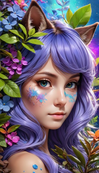 1girl,solo,long hair,looking at viewer,bangs,blue eyes,animal ears,bare shoulders,closed mouth,green eyes,blue hair,purple hair,flower,sky,cat ears,lips,eyelashes,makeup,night,swept bangs,leaf,facial mark,plant,lipstick,portrait,star (sky),close-up,starry sky,freckles,blue flower,pink lips,nose,facepaint,mascara,hair flower