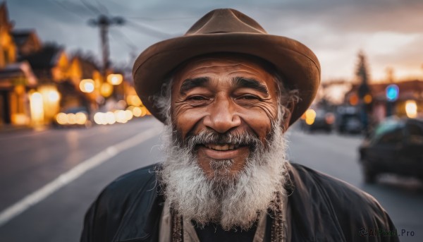 solo,looking at viewer,smile,shirt,1boy,hat,closed mouth,jacket,upper body,white hair,grey hair,male focus,outdoors,blurry,depth of field,blurry background,facial hair,half-closed eyes,thick eyebrows,ground vehicle,portrait,motor vehicle,beard,realistic,mustache,brown headwear,car,road,old,old man,cowboy hat,closed eyes,sky,teeth,grin,black eyes,lips,black jacket,facing viewer,straight-on,power lines,utility pole